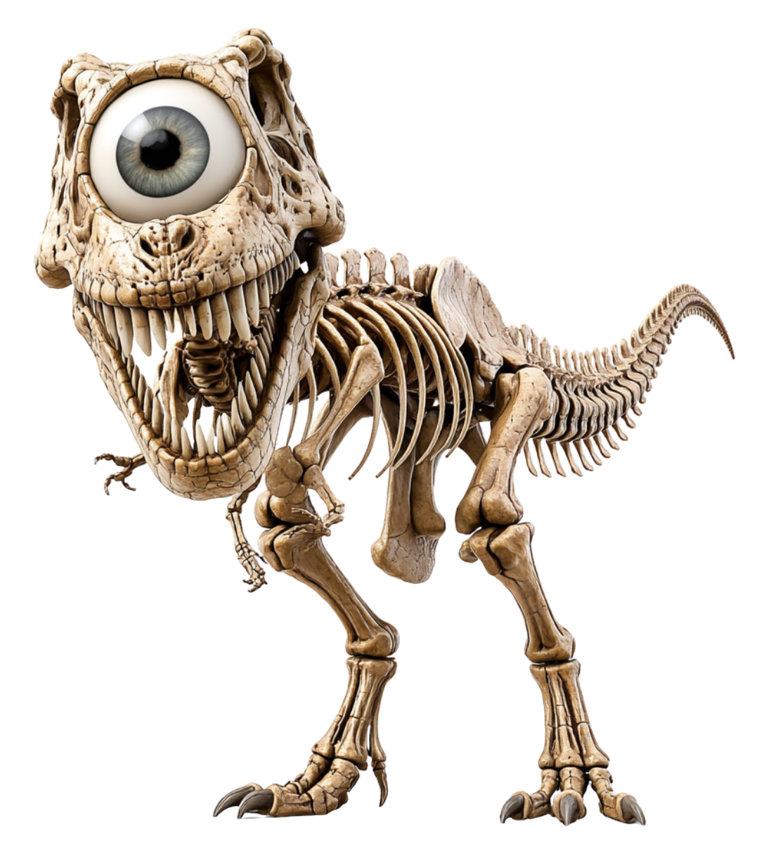 Illustrated dinosaur skeleton with a single large eye