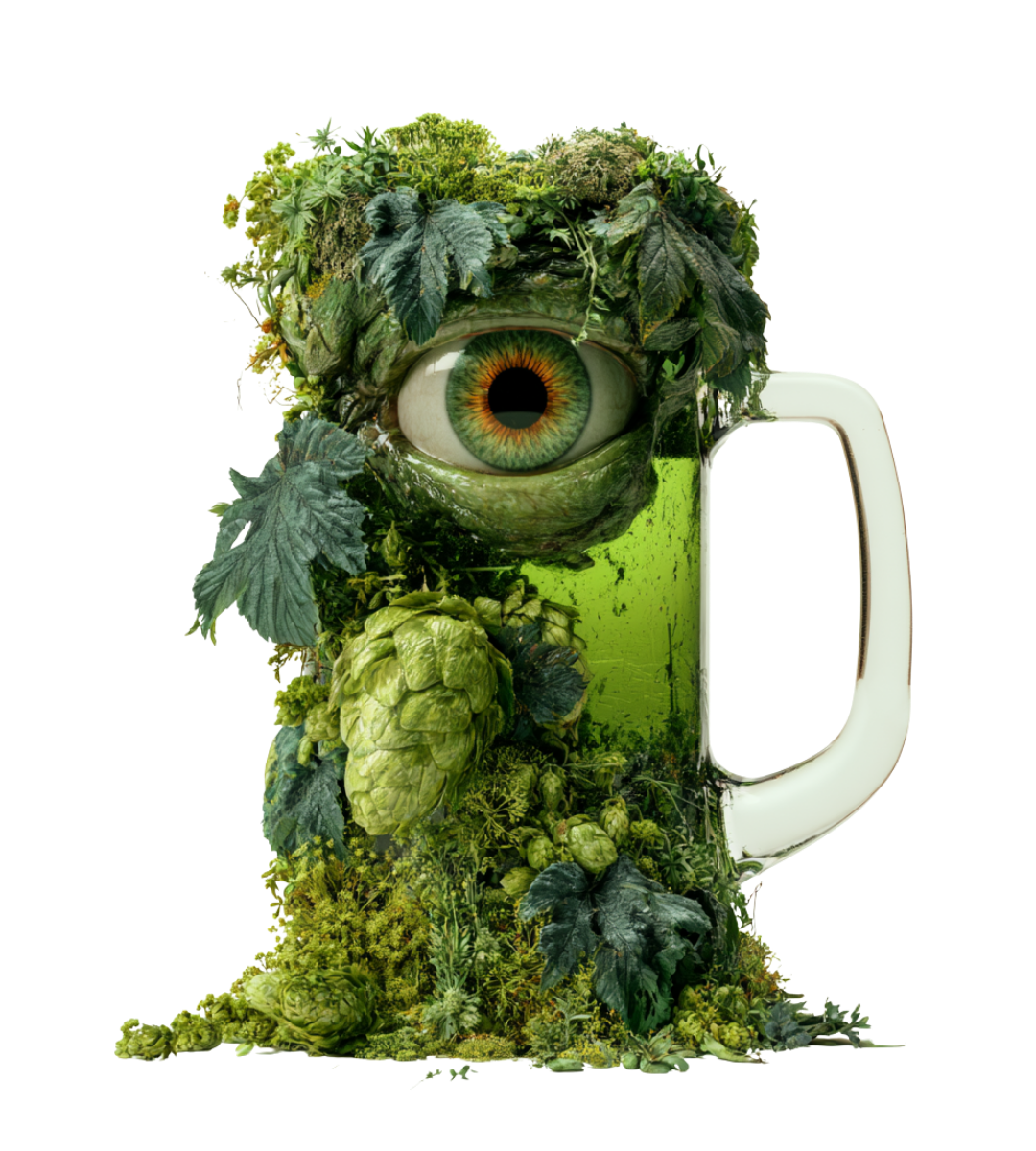 Illustrated beer tankard made of hops and leaves with a single eye